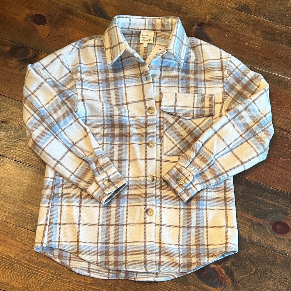 Kids Plaid Button-Down Shirt Jacket in Cream & Tan